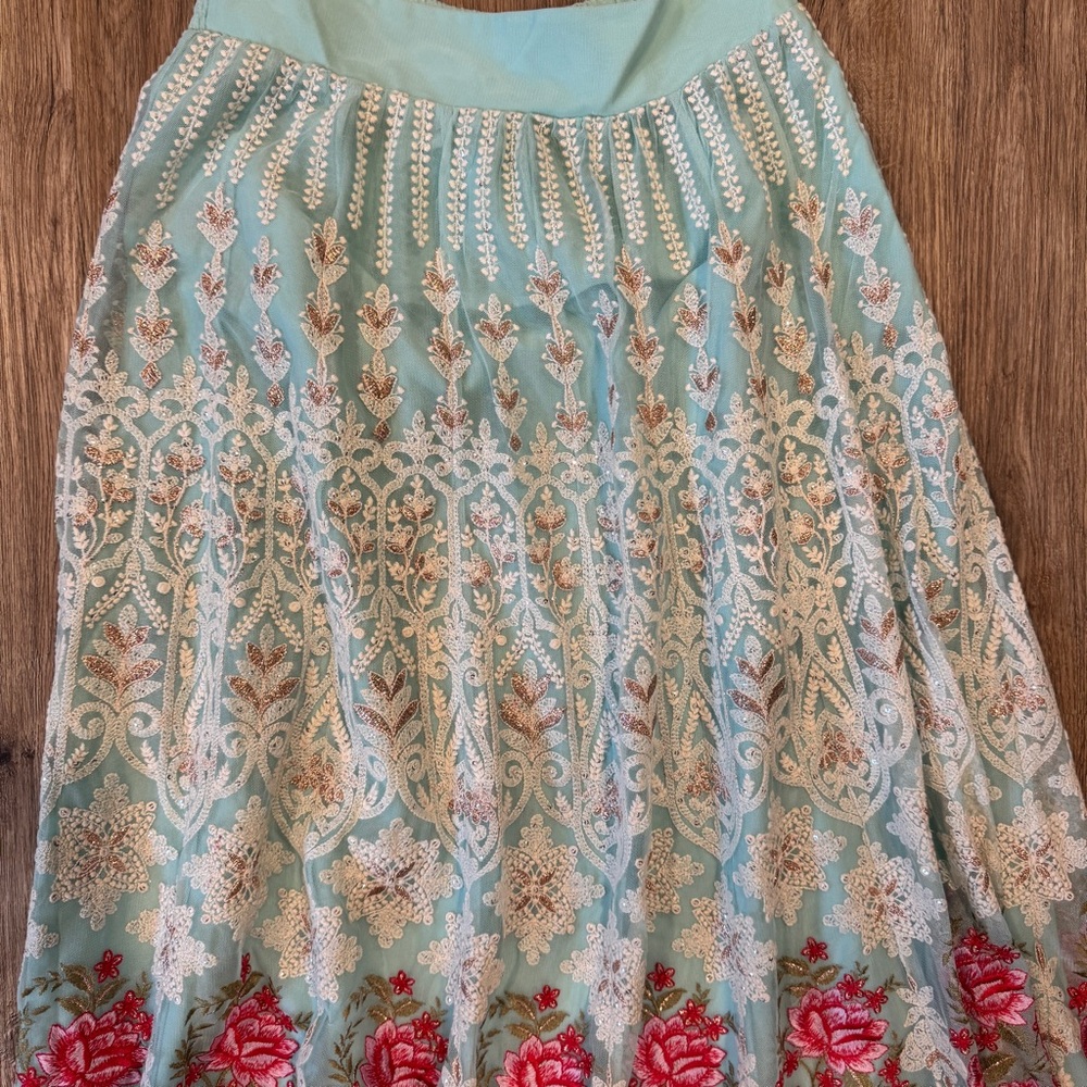 Soft Surroundings Aqua and Red Embroidered Maxi Skirt - Picture 3 of 7
